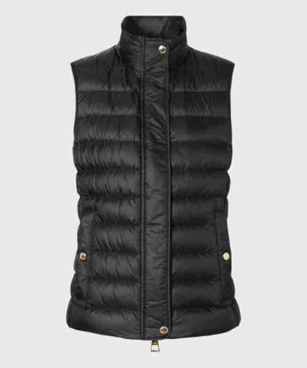 Front of black puffer quilted vest for women