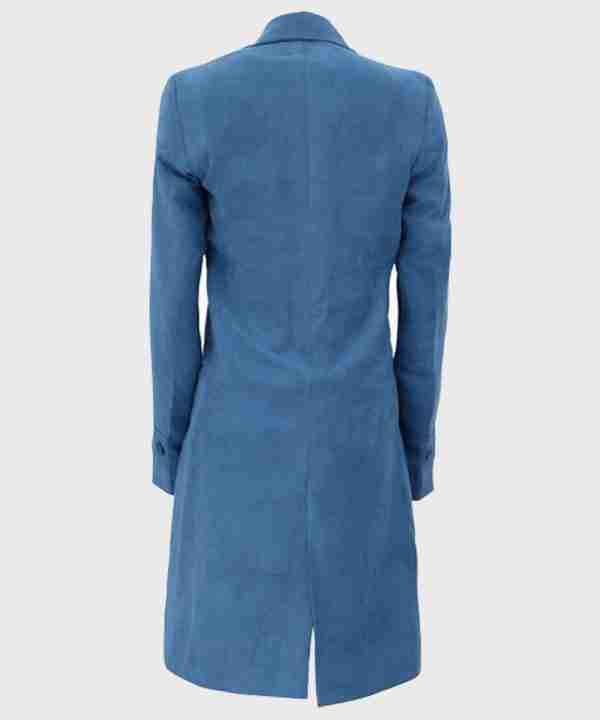 Asymmetrical long woolen blue coat for women back view