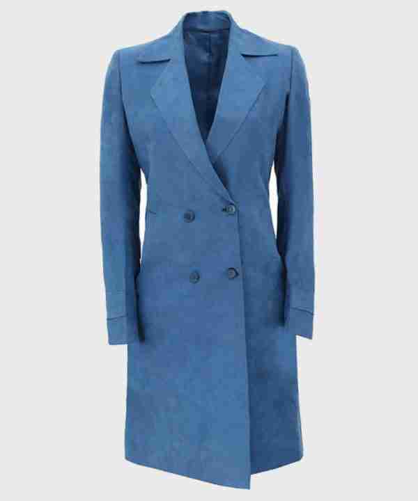 Double-breasted blue long coat for women front view