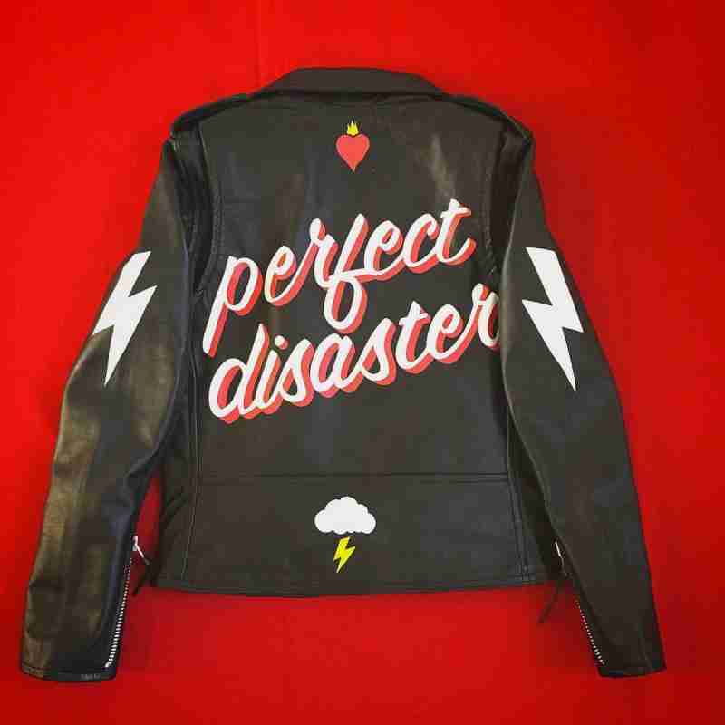 Womens perfect disaster printed black leather jacket