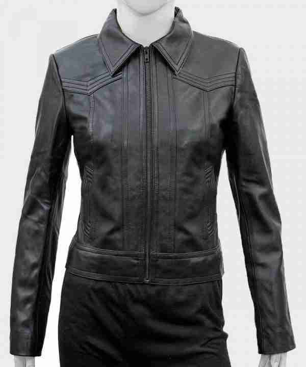 Candace Stone's (Ambyr Childers) black leather jacket from You season 02 front view