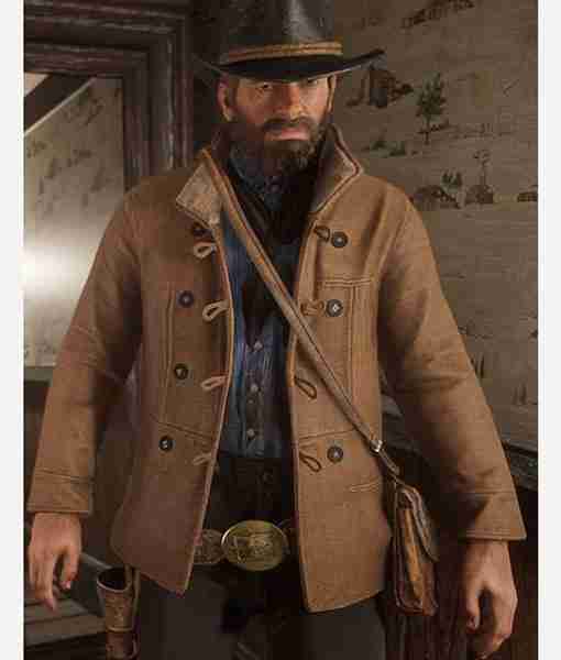 In-game shot of Arthur Morgan from Red Dead Redemption 2 in his brown scout jacket attire