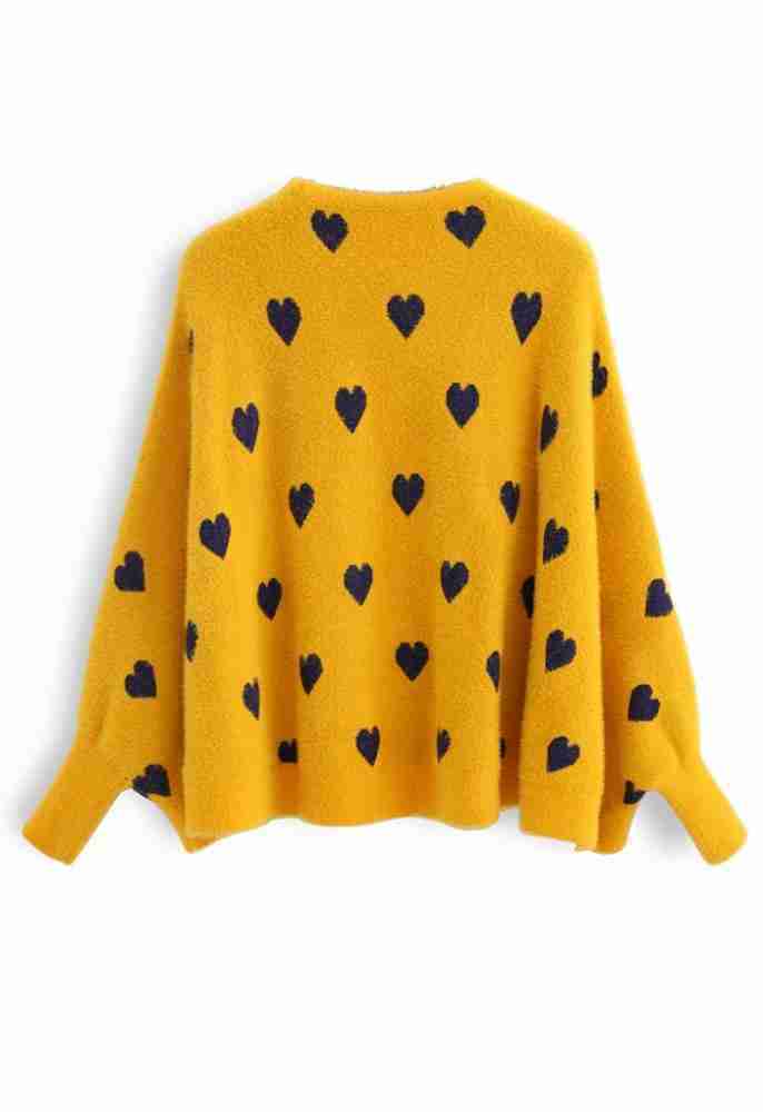 Heart patterned mustard yellow batwing sleeves women's sweater - back