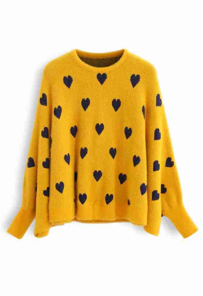 Batwing sleeved mustard yellow heart patterned sweater - front