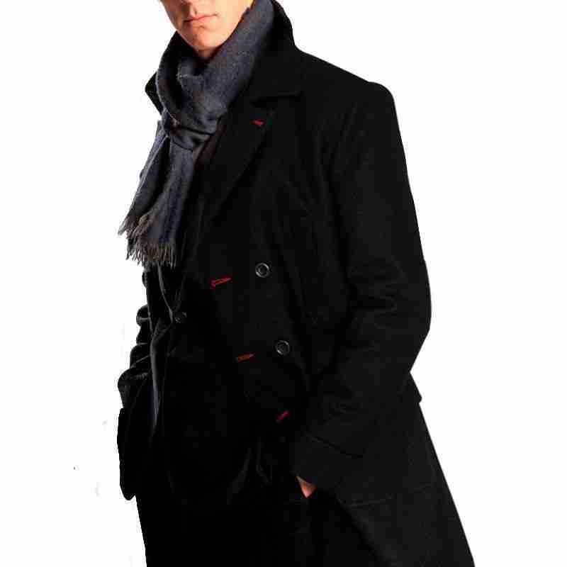 Benedict Cumberbatch wearing his iconic Sherlock Holmes black woolen long coat