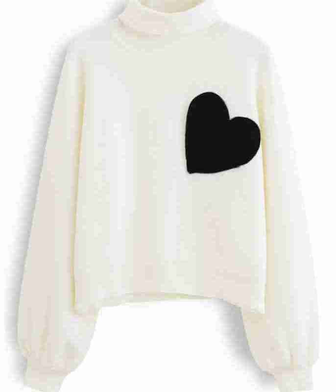 Women's turtle neck black embroidered heart knitted sweater - front