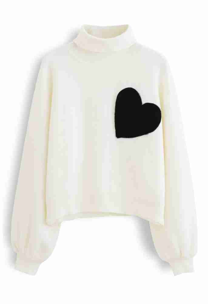 Women's turtle neck black embroidered heart knitted sweater - front