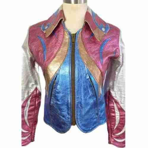 Britt Robertson's (Sophia Marlowe) multicolored leather jacket from Girlboss TV show