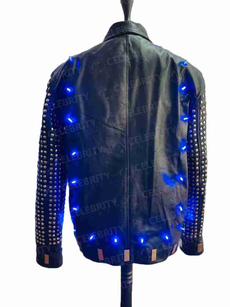 Chris Jericho's light up leather jacket with LEDs being lit - back