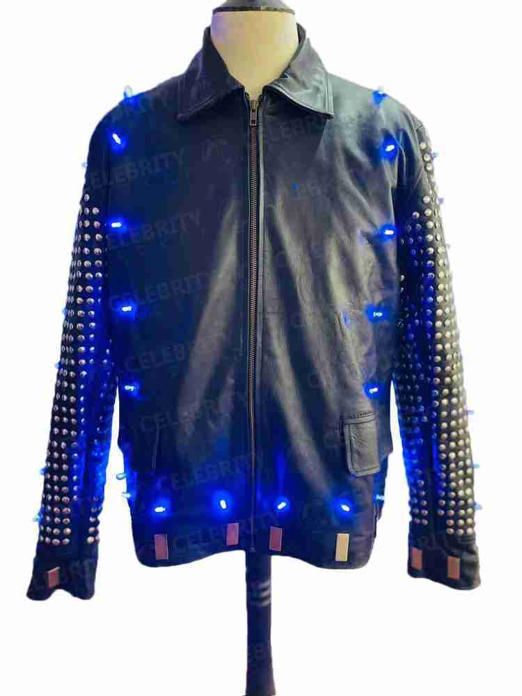 Chris Jericho's light up leather jacket with LEDs being lit - front