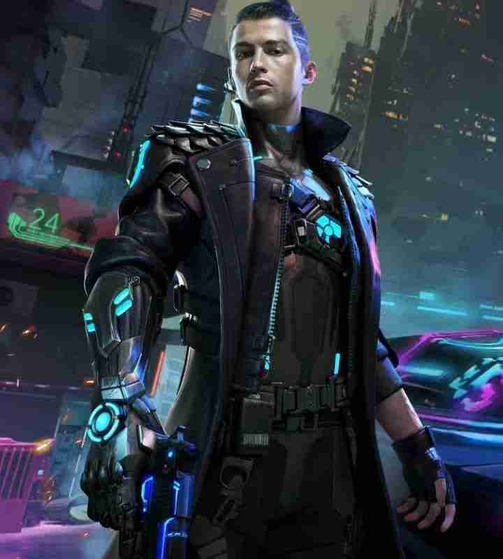 Cristiano Ronaldo as Chrono in the newly released Garena Free Fire game wearing a black leather long coat