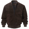 Front of men's dark brown suede leather bomber jacket