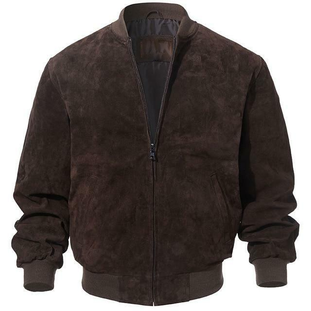 Front of men's dark brown suede leather bomber jacket