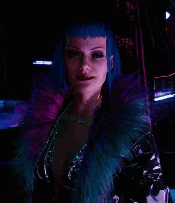 In-game footage of Evelyn Parker from Cyberpunk 2077 wearing her fur-lined leather coat outfit