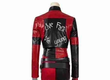 Back of Harley Quinn's red and black live fast die young cropped leather jacket from Suicide Squad 2