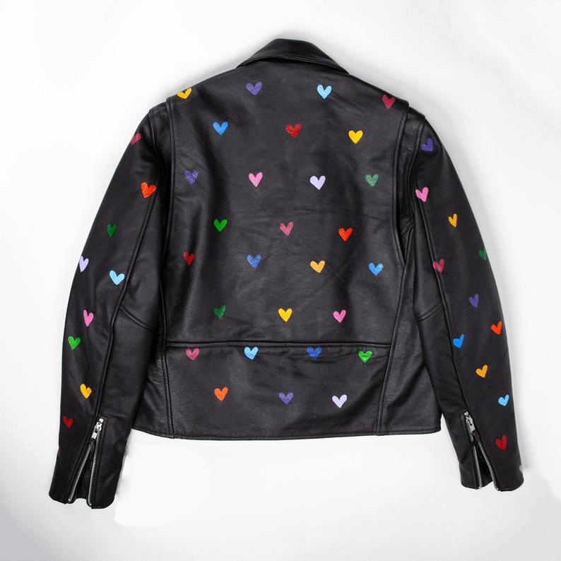 Back view of printed heart pattern black leather jacket