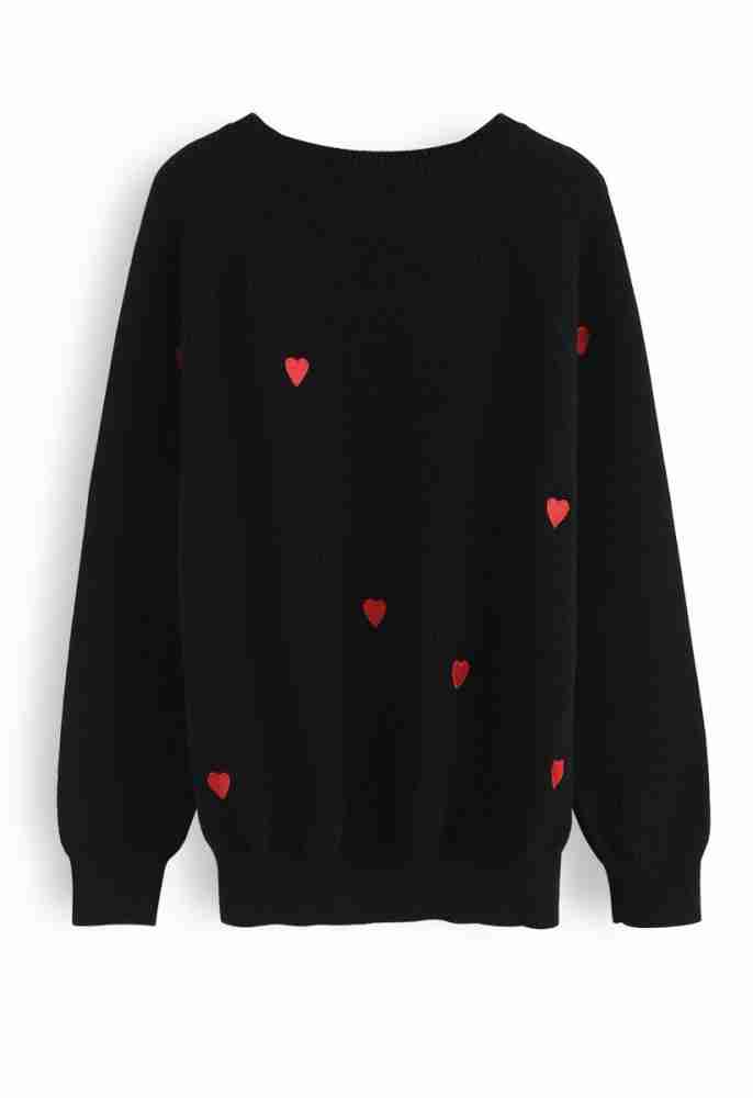 Women's sweet love spot heart-patched black sweater - back