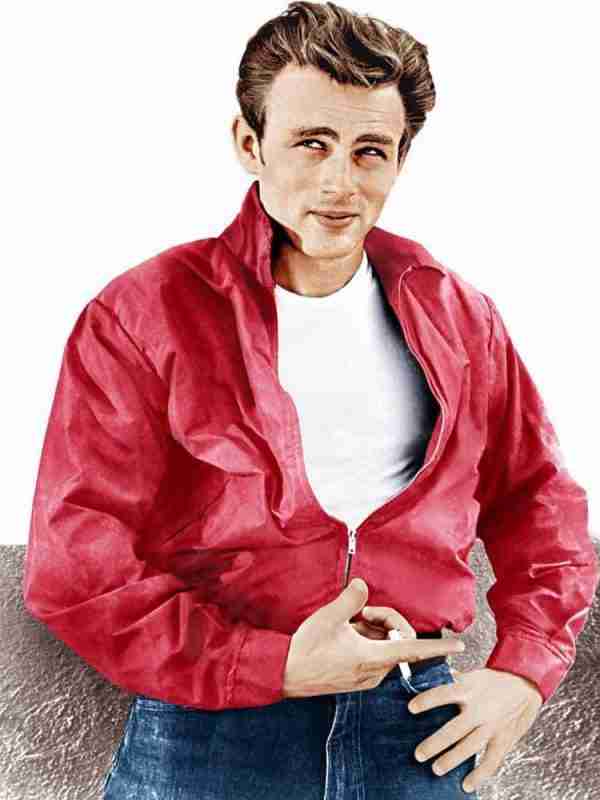 James Dean wearing his iconic red bomber jacket for Rebel Without A Cause movie
