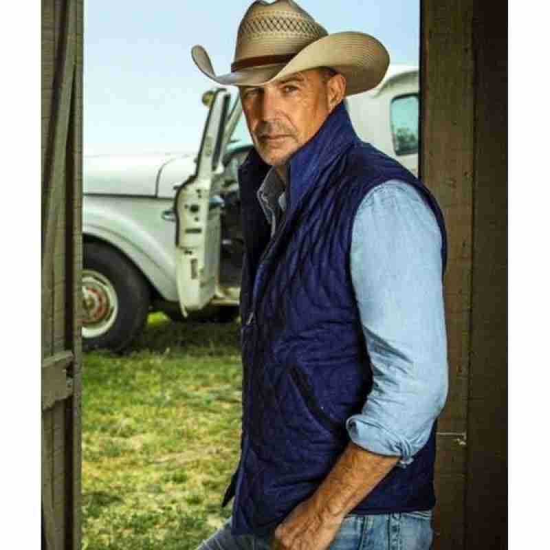 Kevin Costner as John Dutton in Yellowstone TV show wearing a quilted blue vest