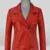 Katy Perry's red leather quilted jacket from front
