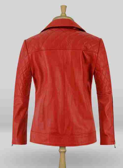 Red leather quilted jacket of Katy Perry from the back