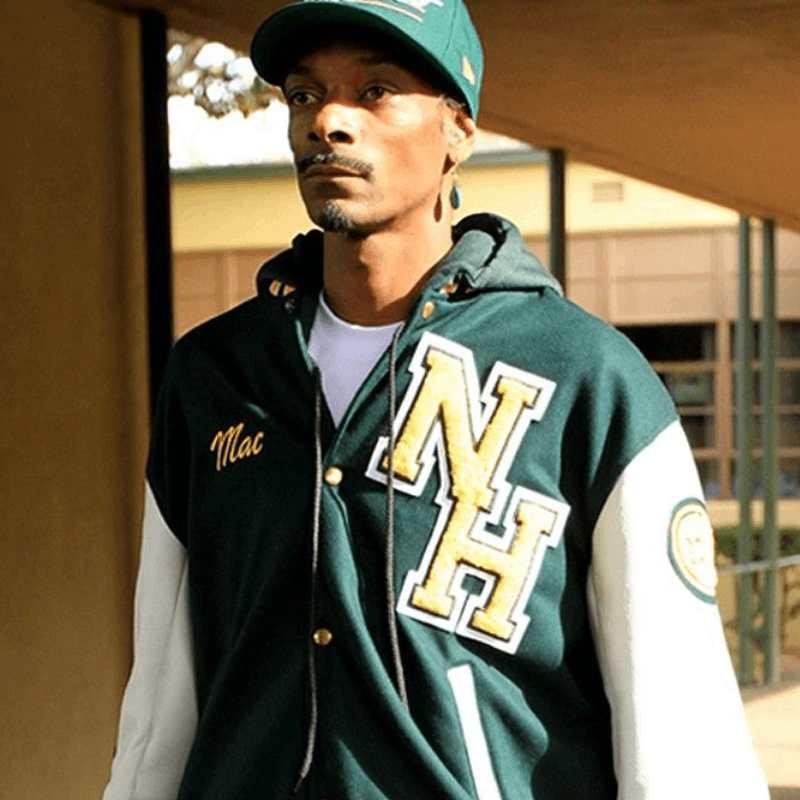 Snoop Dogg wearing the N Hale High varsity jacket in the movie Mac N Devin Go To Highschool - Style one
