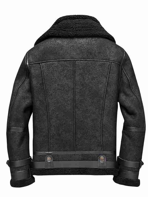 Black shearling-lined flight aviator black leather jacket for men from the back