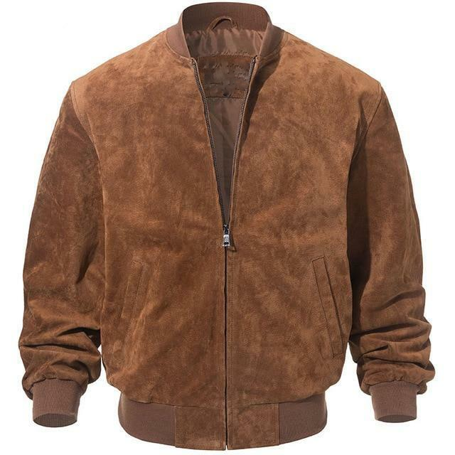 Men's light brown bomber suede leather jacket - front