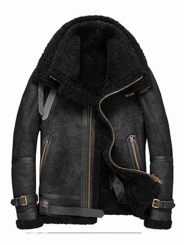 Men's B3 flight aviator black shearling leather jacket from the front
