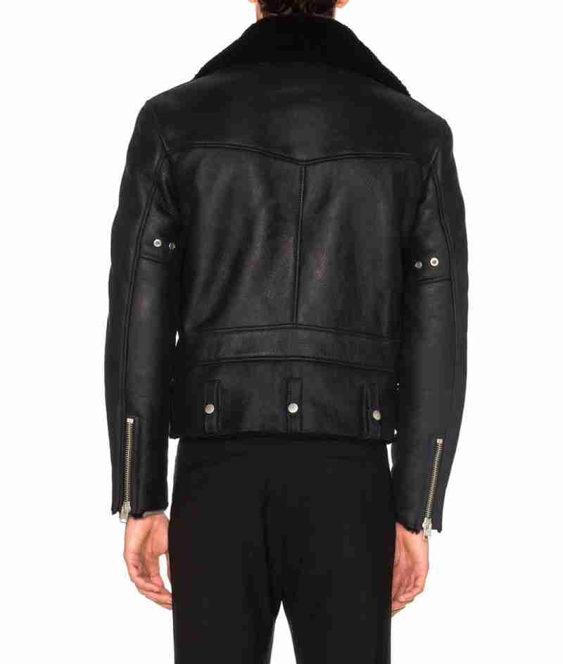 Shearling lined motorcycle black leather jacket for men - rear