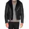 Mens shearling lined motorcycle black leather jacket - frontal