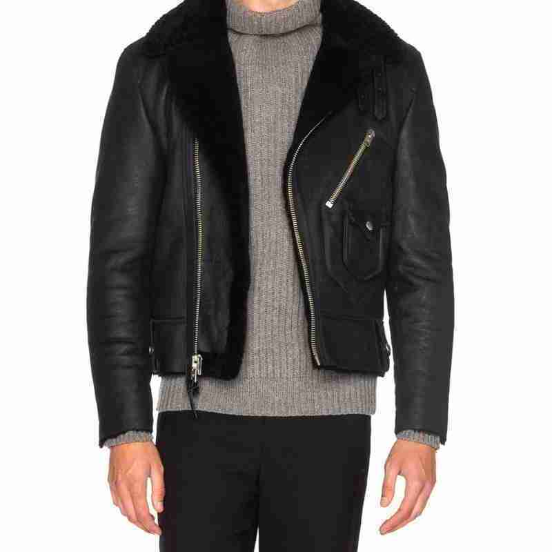 Mens shearling lined motorcycle black leather jacket - frontal
