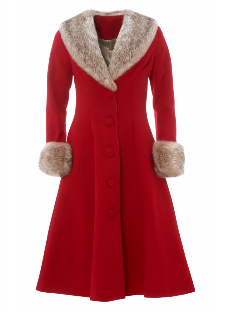 Womens winter wonderland red fur coat with front closed