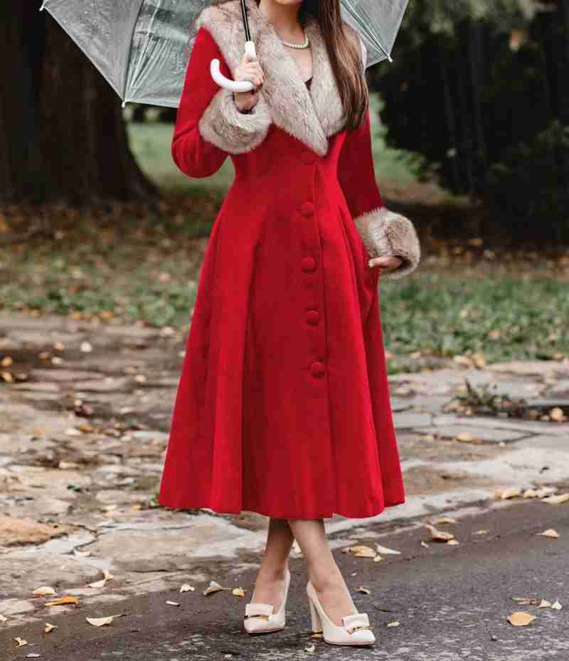 Model wearing wonderland winter red fur coat for women