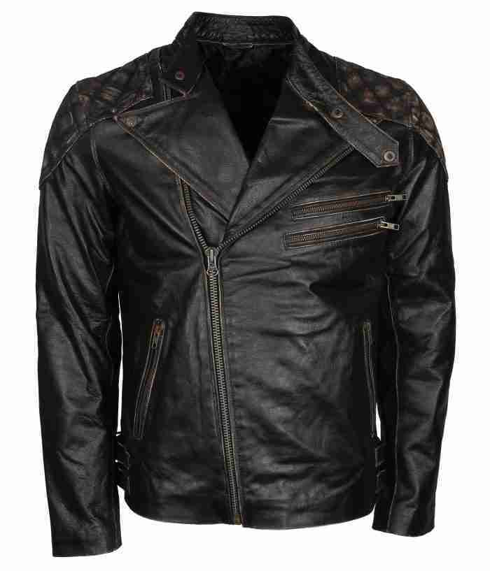 Open zippered front closure of men's skull embossed black motorcycle leather jacket