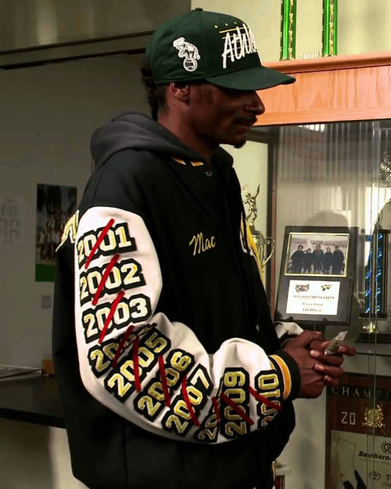 Snoop Dogg wearing the N Hale High varsity jacket in the movie Mac N Devin Go To Highschool - Style two