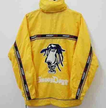 back of Snoop Dogg's yellow nylon jacket