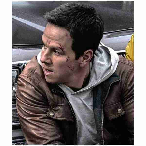 Mark Wahlberg as Spenser wearing a brown leather jacket for Spenser Confidential movie