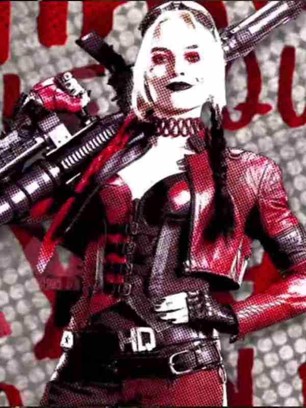 Margot Robbie as Harley Quinn posing for Suicide Squad 2 wearing a red and black jacket