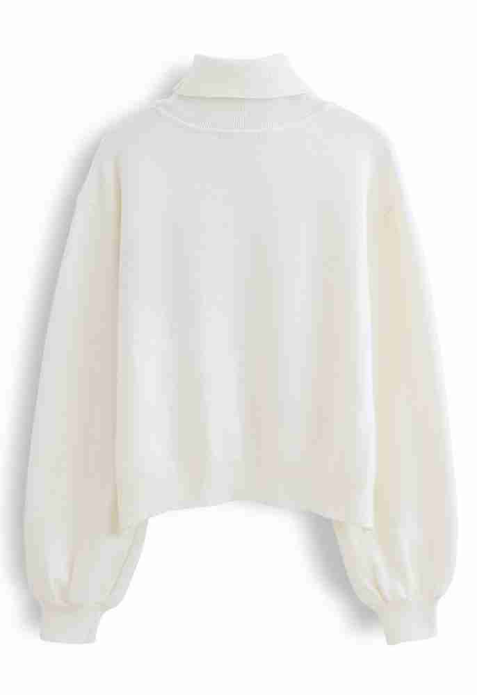 Black embroidered heart knitted white high neck sweater for women - back