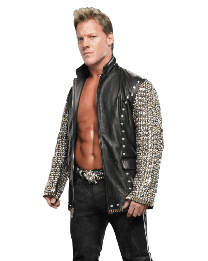 WWE superstar Chris Jericho posing with a light up leather studded jacket