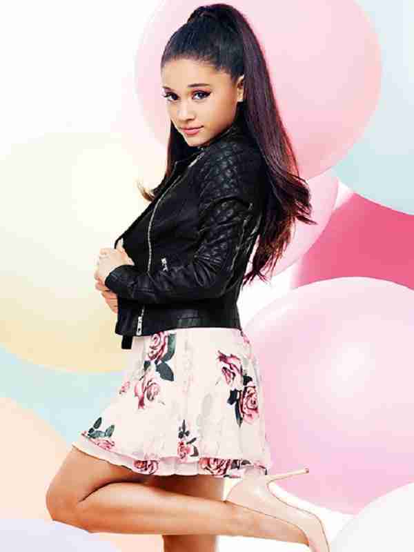 Ariana Grande wearing a black leather biker quilted jacket