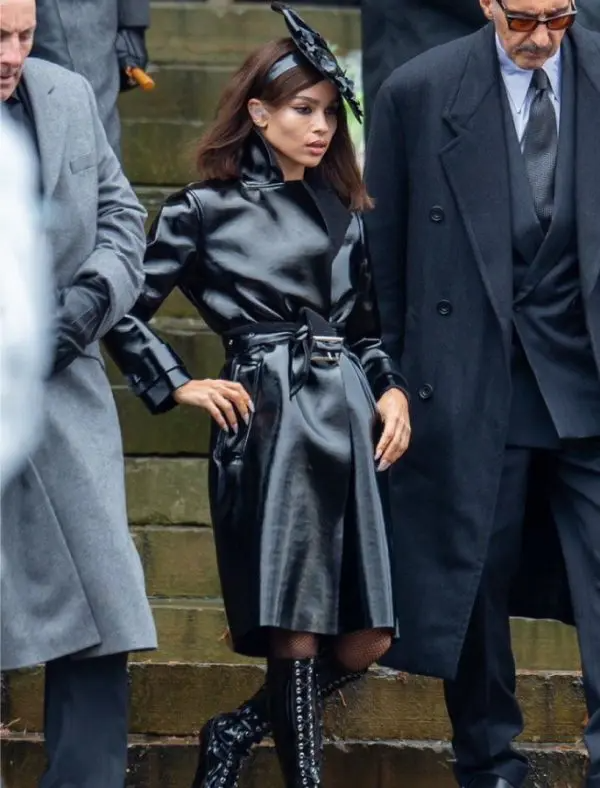 The Batman (2022) set - Zoe Kravitz in a black leather coat playing Selina Kyle aka Catwoman