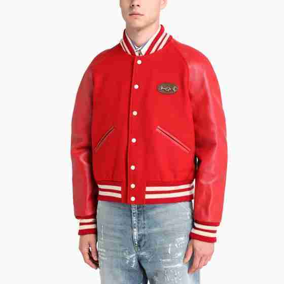 Men's leather sleeves red varsity jacket