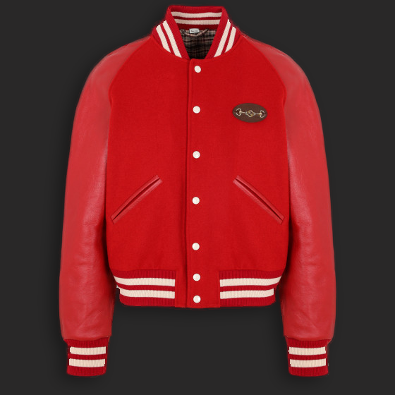 Red varsity jacket with leather sleeves worn by Lil Baby - front