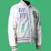 Lil Durk's white bomber jacket with raised patches and printed design