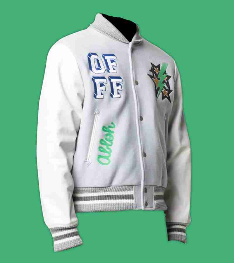Lil Durk's white bomber jacket with raised patches and printed design
