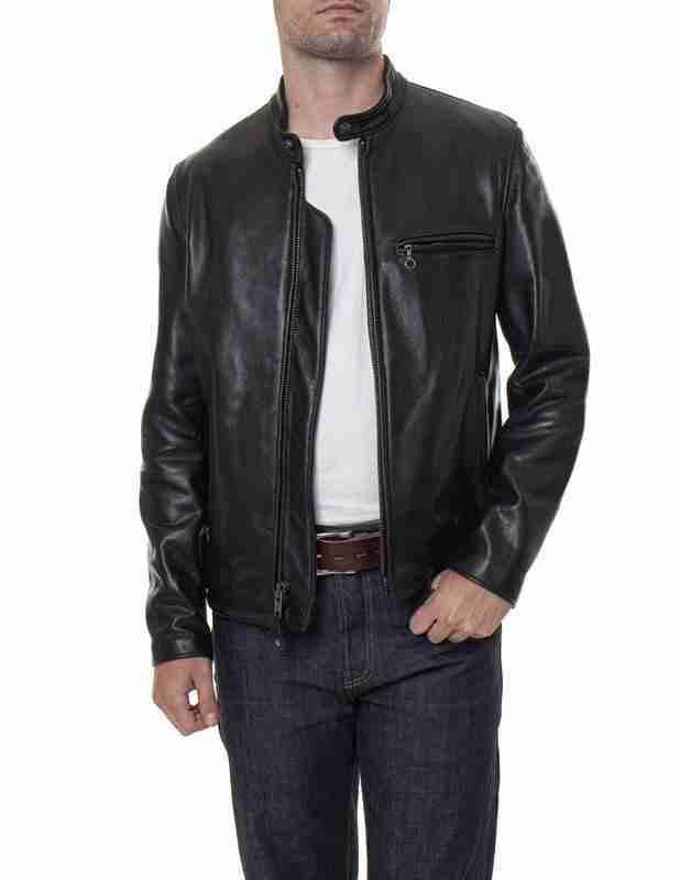 Cafe racer men's black waxed leather jacket - model front