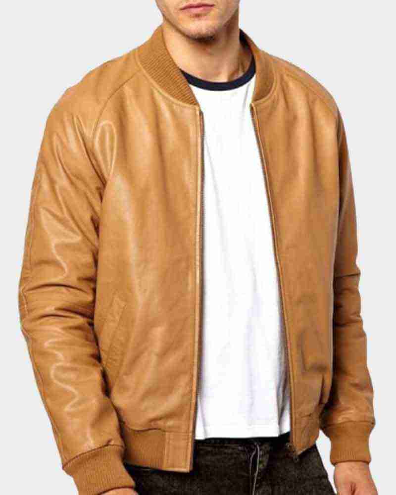Men's casual tan brown bomber jacket - front