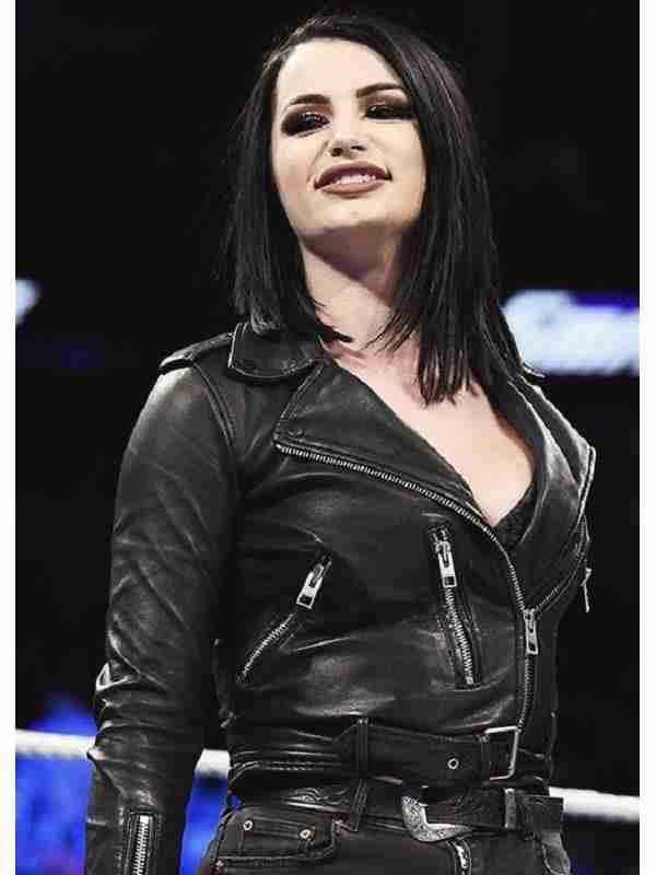 Professional Wrestler Paige in a black motorcycle leather jacket